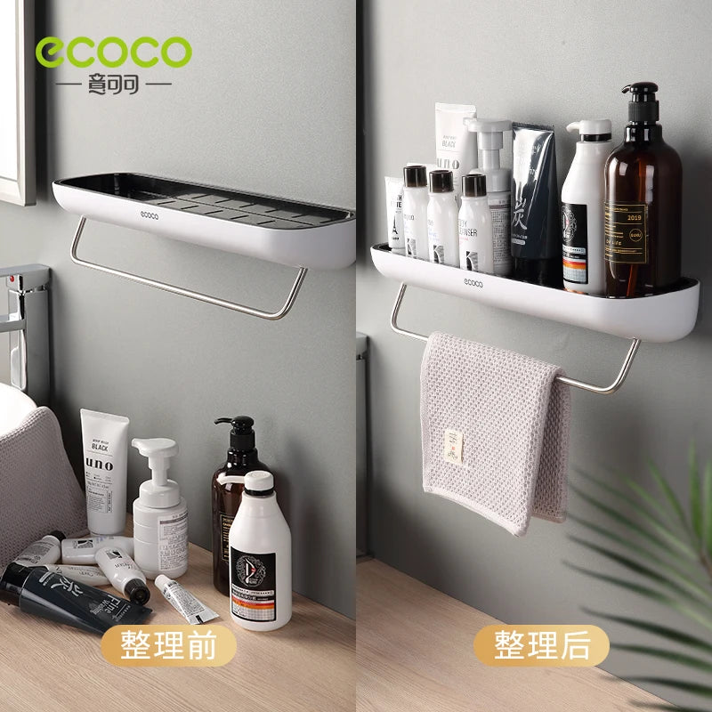 ECOCO Bathroom Shelves Organizer Wall Mount Home Towel shelf Shampoo Rack With Towel Bar Storage Rack Bathroom Accessories