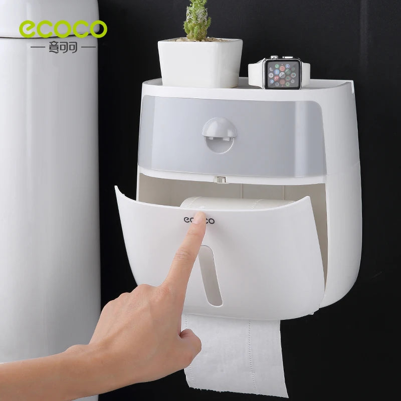 ECOCO  Double Layer Tissue Box Wall Mounted Bathroom Waterproof Toilet Paper Holder Storage Box Napkin Roll Dispenser Organizer