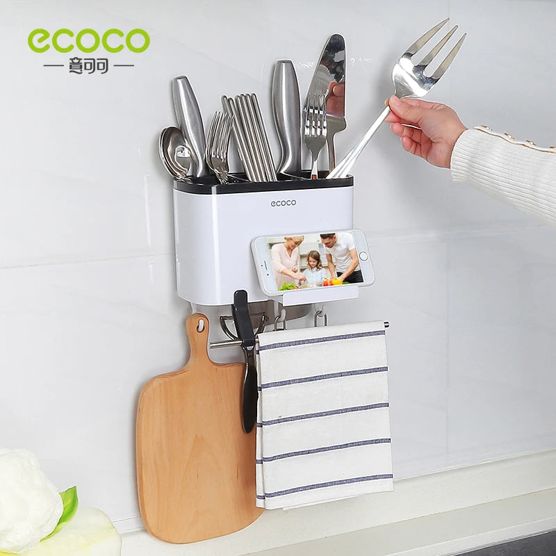 ECOCO Creative Wall-mounted Hollow Drain Chopstick Cage Multifunctional Storage Rack Rag Rack Knife Holder for Kitchen Supplies