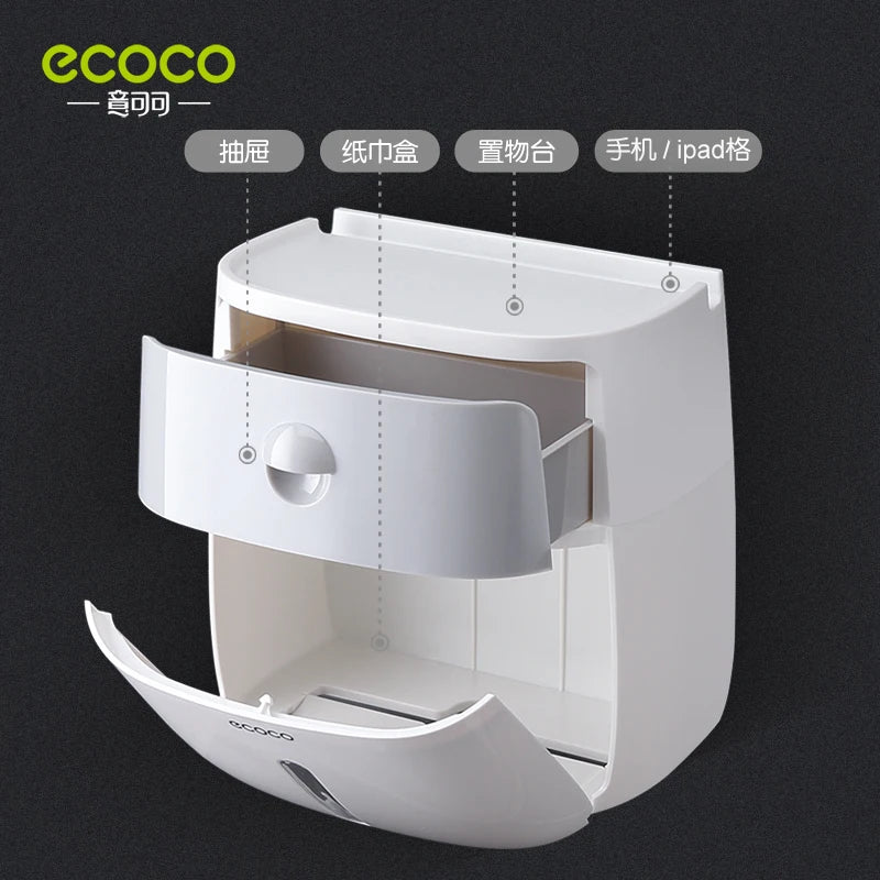 ECOCO  Double Layer Tissue Box Wall Mounted Bathroom Waterproof Toilet Paper Holder Storage Box Napkin Roll Dispenser Organizer