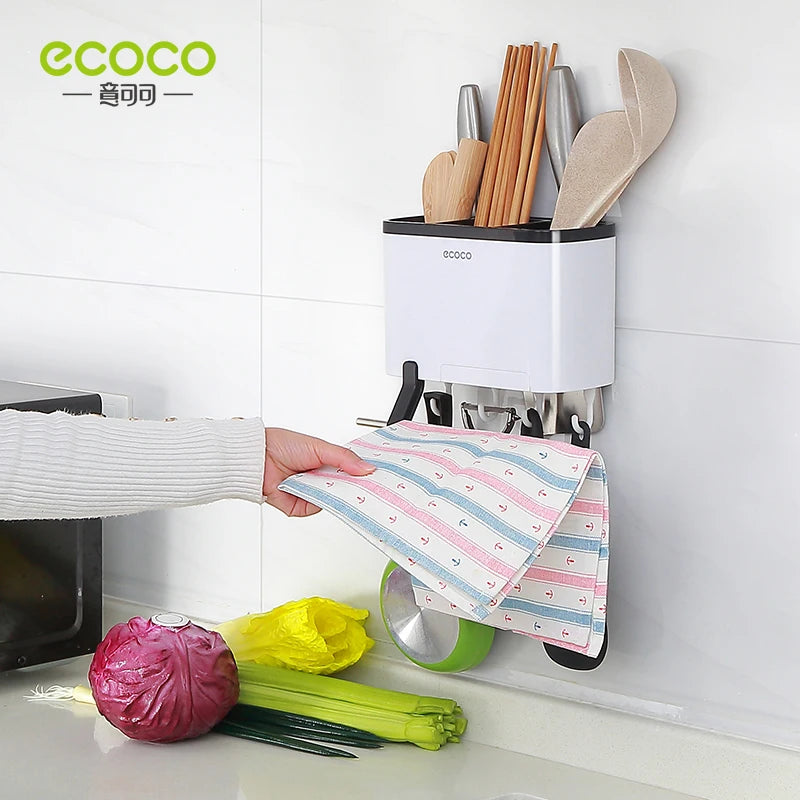 ECOCO Creative Wall-mounted Hollow Drain Chopstick Cage Multifunctional Storage Rack Rag Rack Knife Holder for Kitchen Supplies