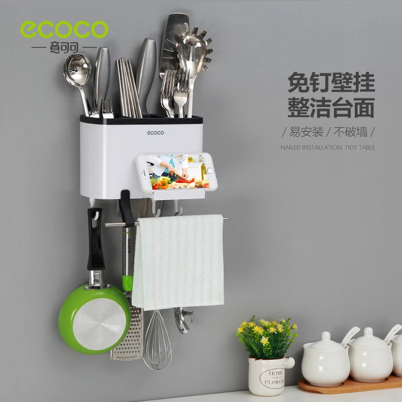 ECOCO Creative Wall-mounted Hollow Drain Chopstick Cage Multifunctional Storage Rack Rag Rack Knife Holder for Kitchen Supplies