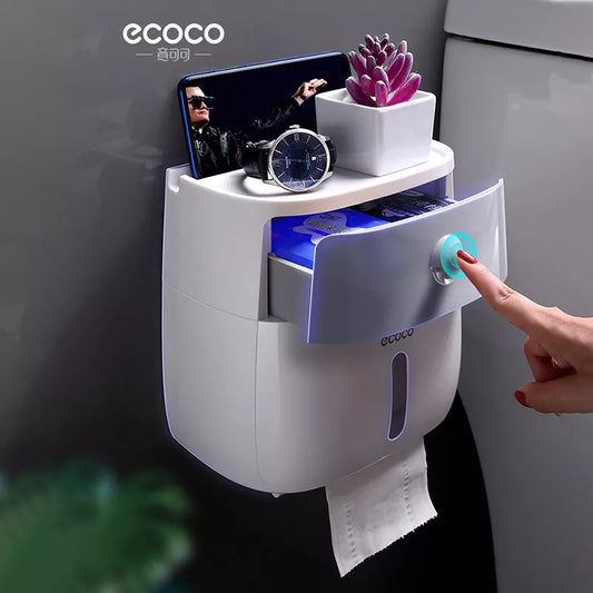 ECOCO  Double Layer Tissue Box Wall Mounted Bathroom Waterproof Toilet Paper Holder Storage Box Napkin Roll Dispenser Organizer