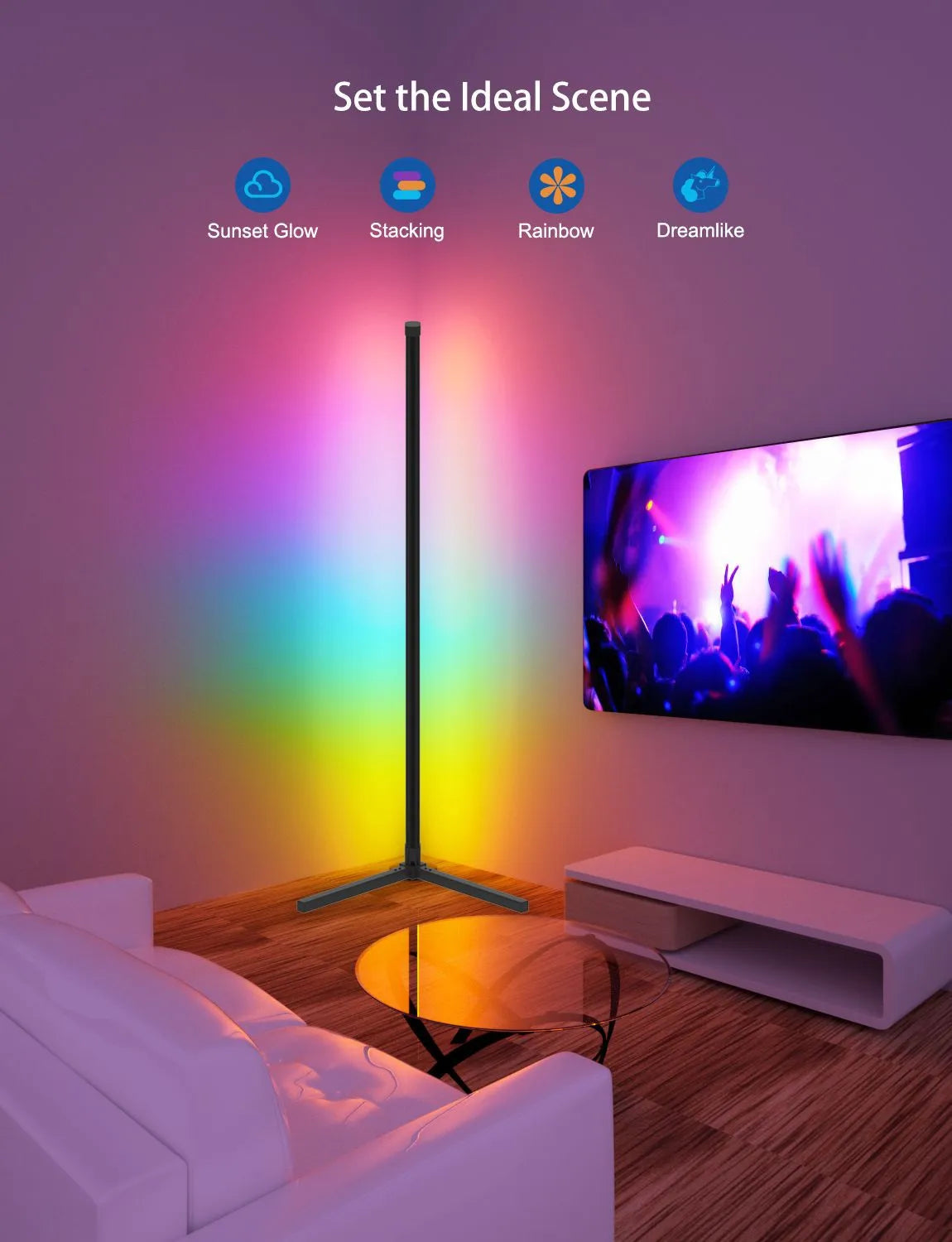 Smart RGB Dream Color Floor Lamp with Music Sync Modern 16 Million Color Changing Standing Mood Light with APP & Remote Control