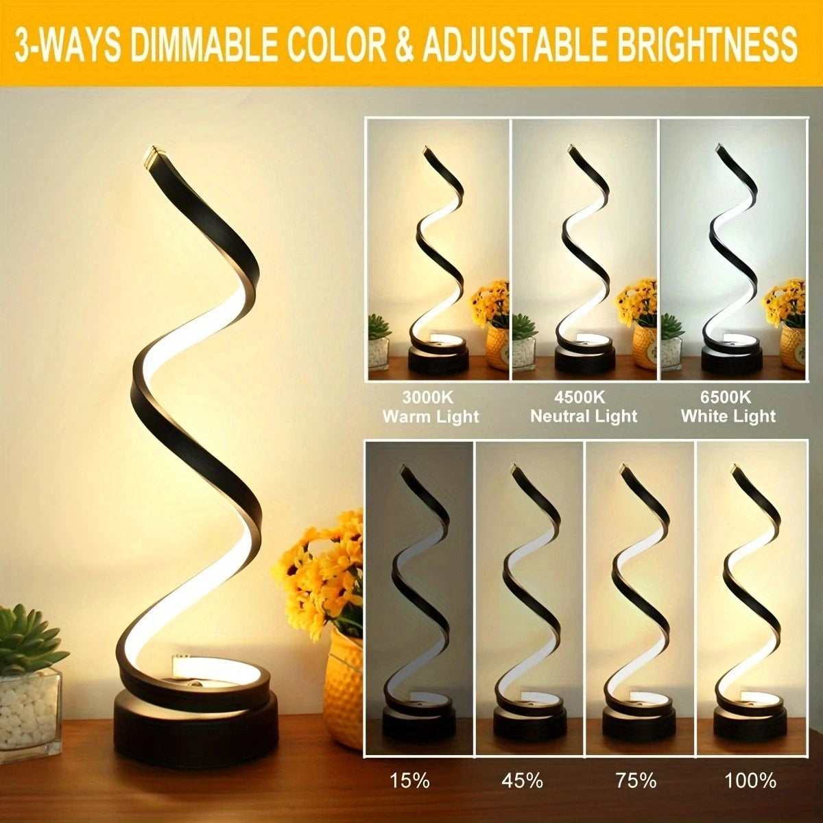 Modern Spiral Dimmable LED Table Lamp, Small Bedside Lamps, Nightstand Lamp