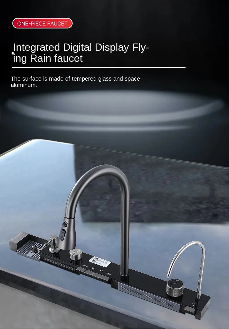 304 Stainless Steel Waterfall Kitchen Sink Large Single Slot Integrated Digital Display Faucet Set Soap Dispenser Cup Washer